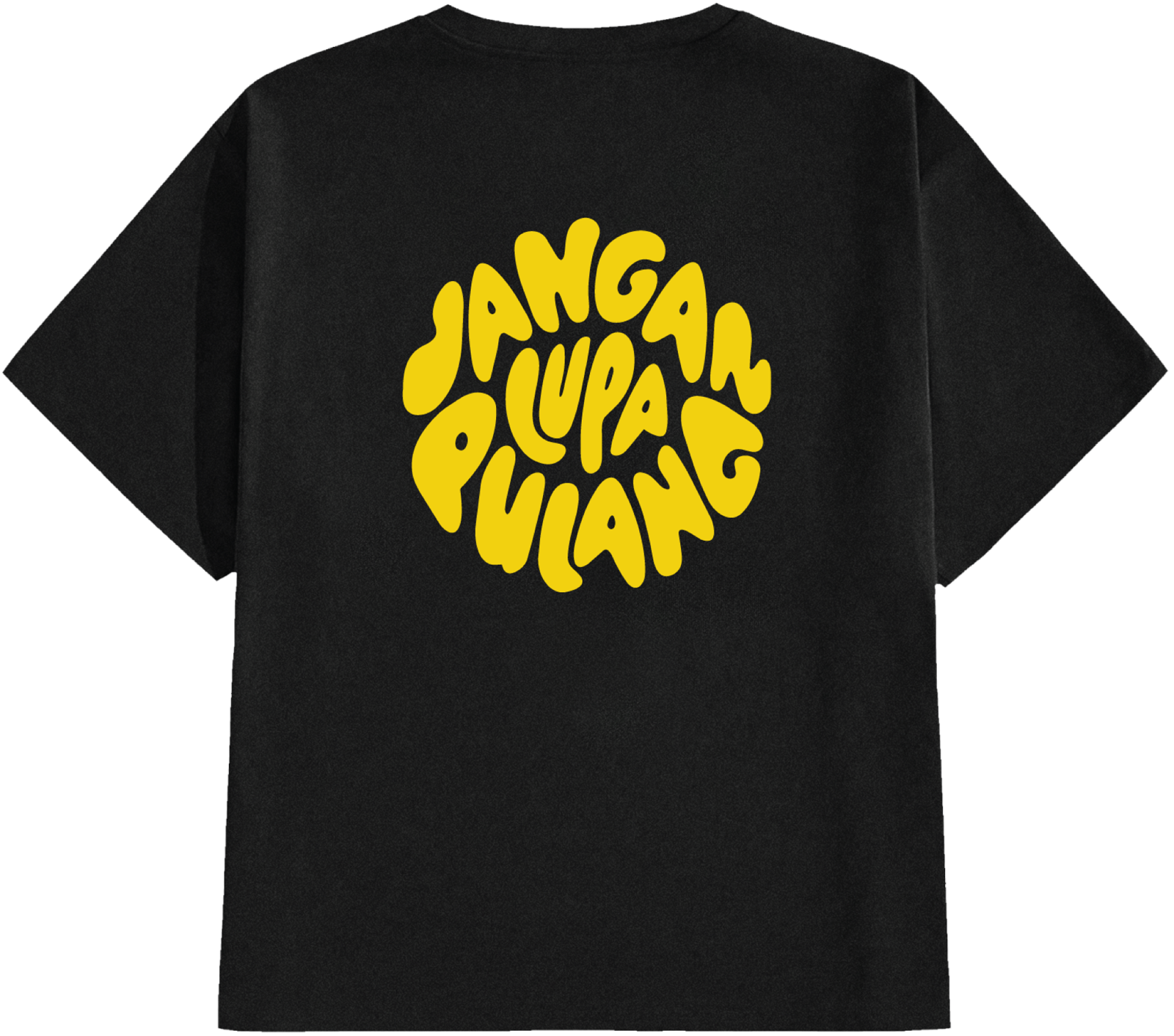 Art Break tee, back: circular yellow Jangan Lupa Pulang bubble lettering on black