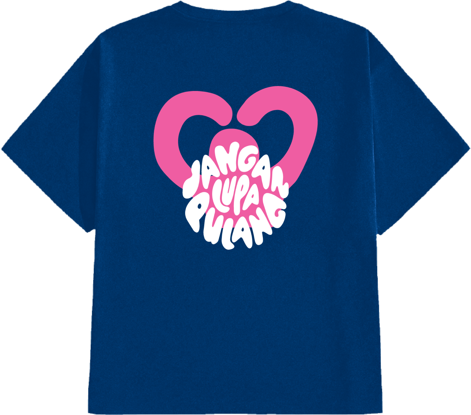 Mucho Love tee, back: pink heart filled with Jangan Lupa Pulang bubble lettering on navy