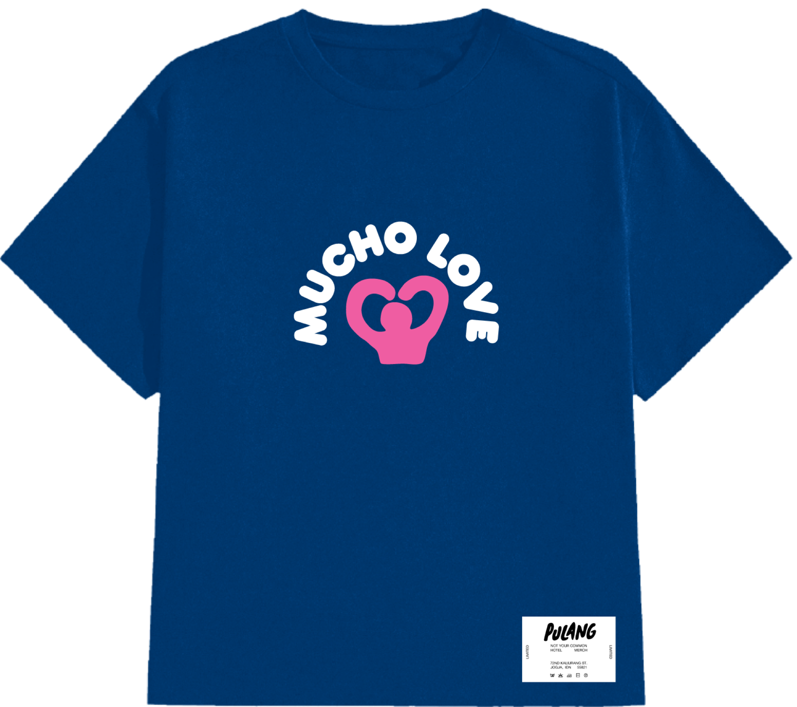 Mucho Love tee, front: navy shirt with a pink figure making a heart under 'Mucho Love'