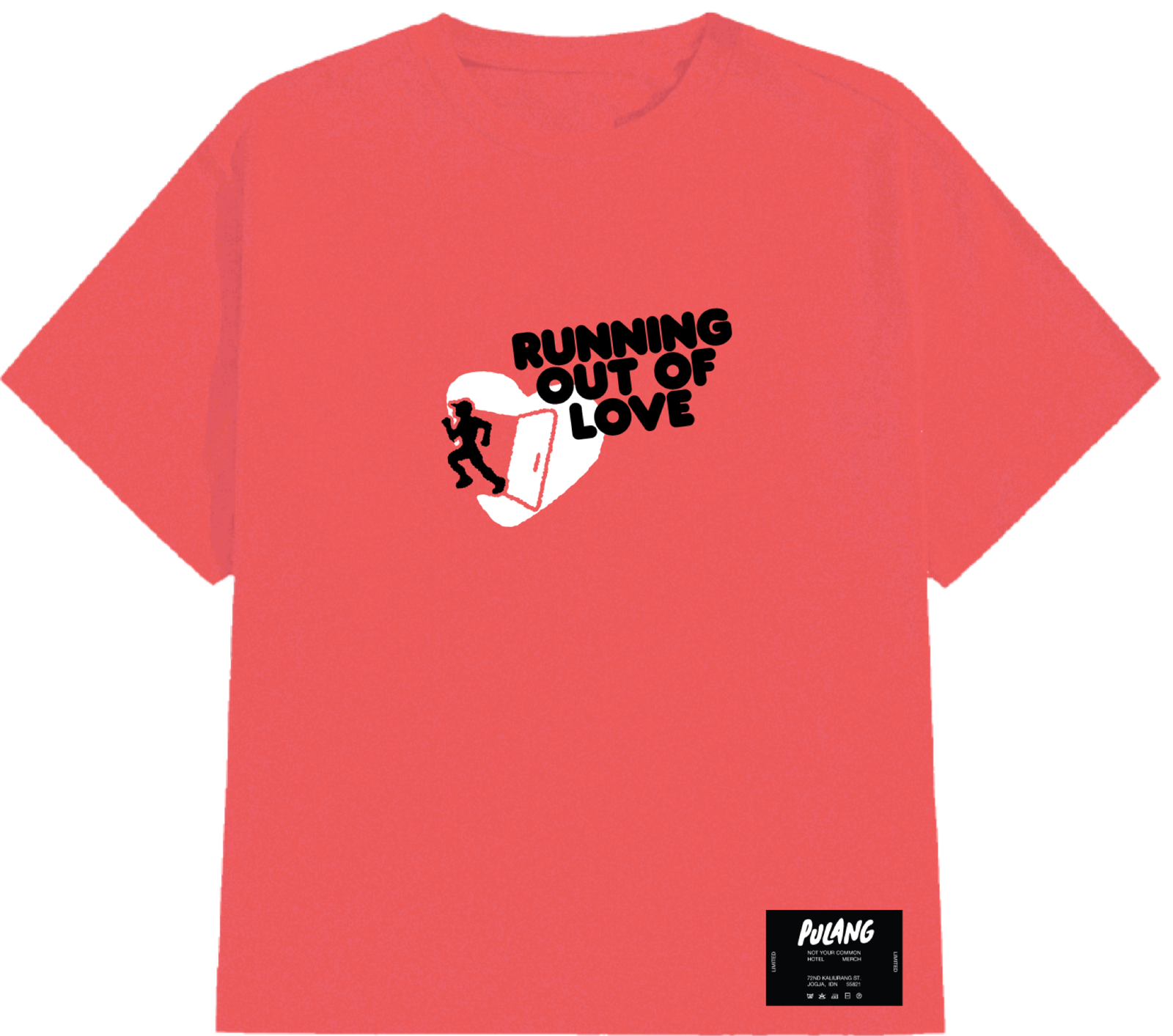 Running Out tee, front: coral shirt with a figure dashing out the door of a white heart